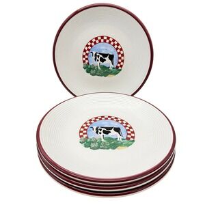 Century Stoneware Fannies Farm Cow Dinner Plates Set of 4 Red Checkered 11.25 in
